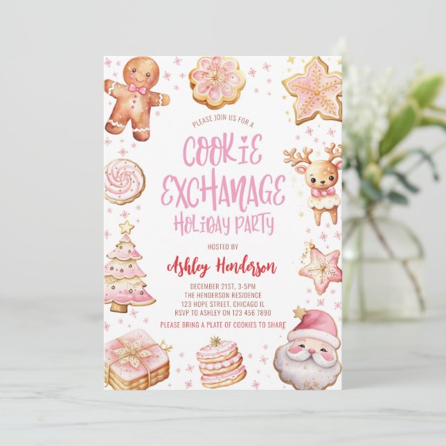 Invitación Fiesta de vacaciones de Navidades rosados de Cooki (Anverso de pie)