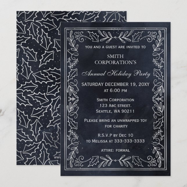 Invitación Fiesta de vacaciones de Navy Silver Elegante (Anverso / Reverso)