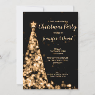Invitación Fiesta de vacaciones de oro y árbol de Navidad neg