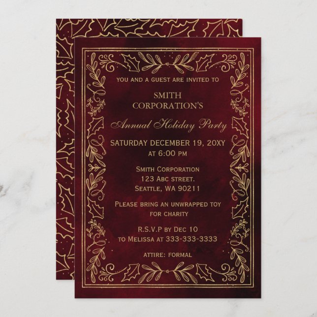 Invitación Fiesta de vacaciones de Red Gold Elegant Corporate (Anverso / Reverso)