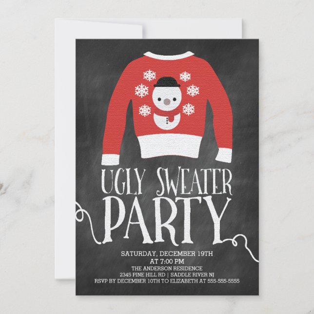 Invitación Fiesta de vacaciones de suéter feo de cartón suave (Anverso)