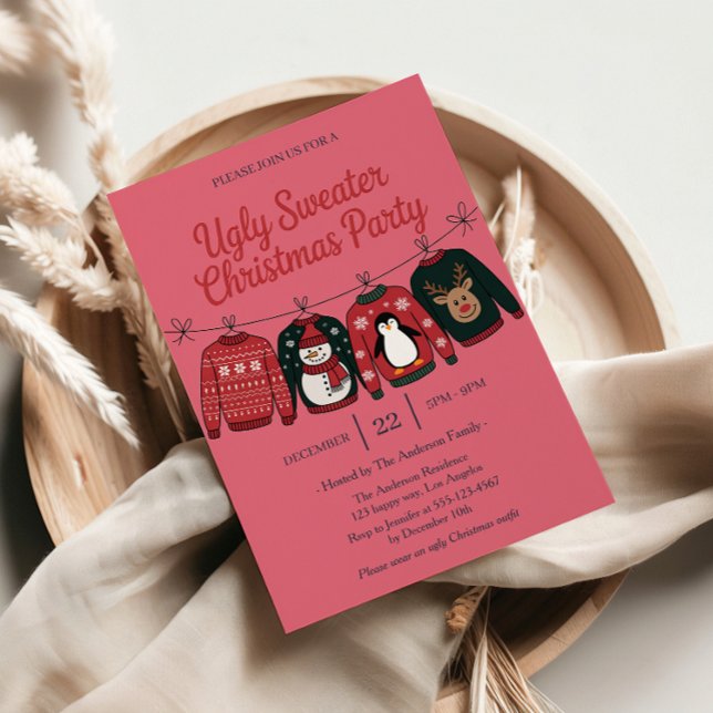 Invitación Fiesta de vacaciones de suéter rosa feo | Navidade (Subido por el creador)