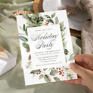 Invitación Fiesta de vacaciones de verde elegante y bayas de 