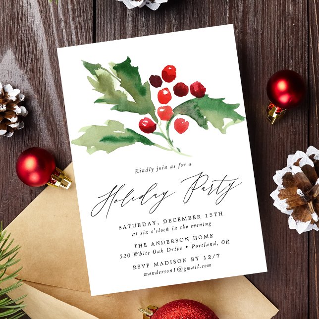 Invitación Fiesta de vacaciones de Watercolor Holly Berries (Subido por el creador)