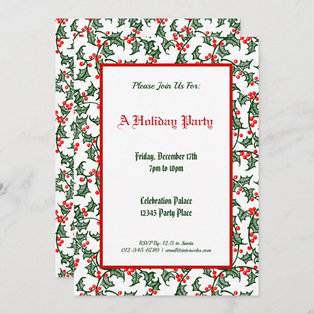 Invitación Fiesta de vacaciones del patrón Holly Verde editab (Anverso / Reverso)