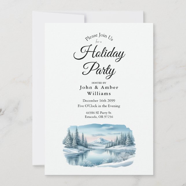 Invitación Fiesta de vacaciones en el lago invernal de montañ (Anverso)