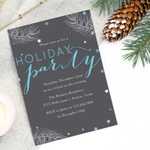 Invitación Fiesta de vacaciones gris azul hojas de pino y est