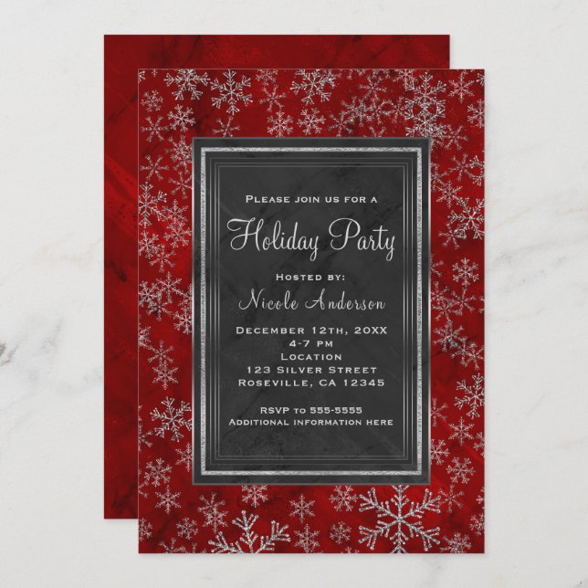 Invitación Fiesta de vacaciones Marble Rojo Plata Snowflakes  (Anverso / Reverso)