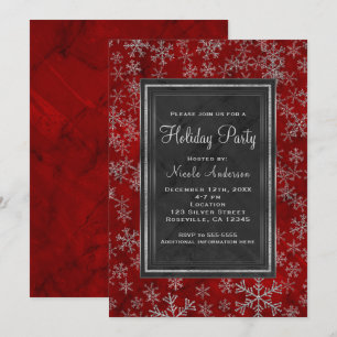 Invitación Fiesta de Vacaciones Mármol Rojo Copos de Nieve Pl
