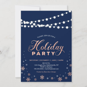 Invitación Fiesta de vacaciones moderna con rosa dorado y azu
