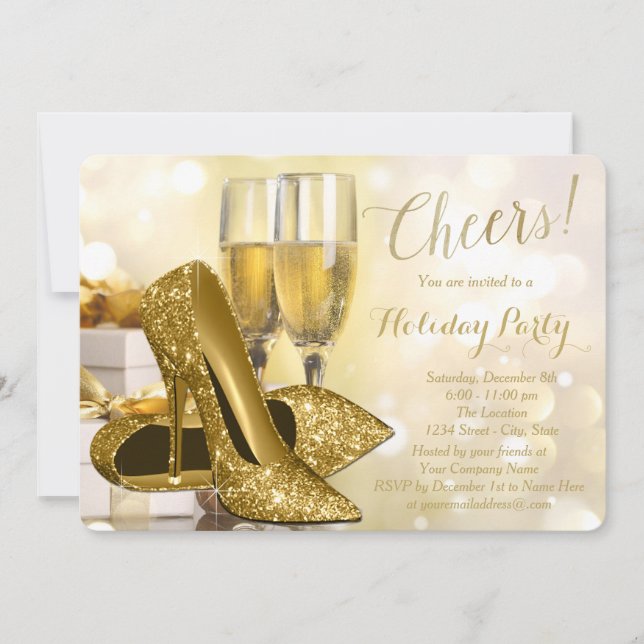 Invitación Fiesta de vacaciones para empresas de champán Gold (Anverso)
