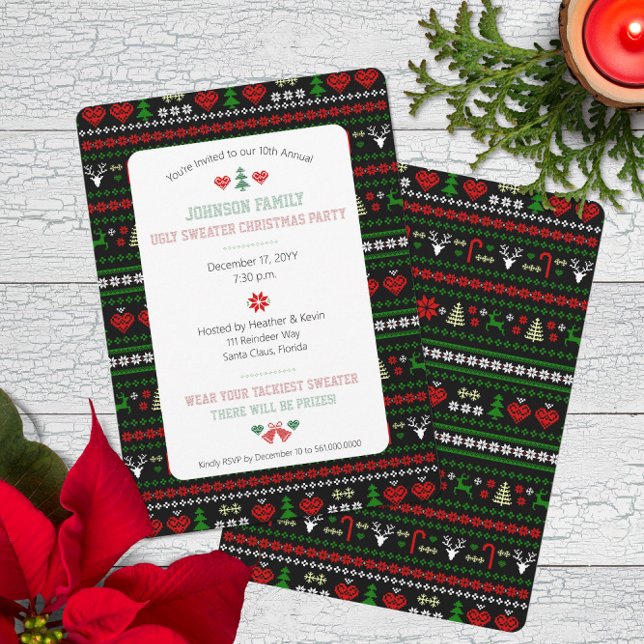 Invitación Fiesta de vacaciones para Navidades del patrón sué (Traditional Ugly Sweater pattern Christmas Holiday Party Invitation with Faux Stitched Typography)
