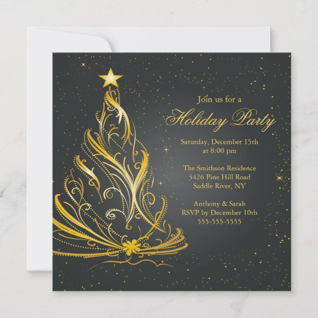 Invitación Fiesta de vacaciones para Navidades negros y dorad (Anverso)