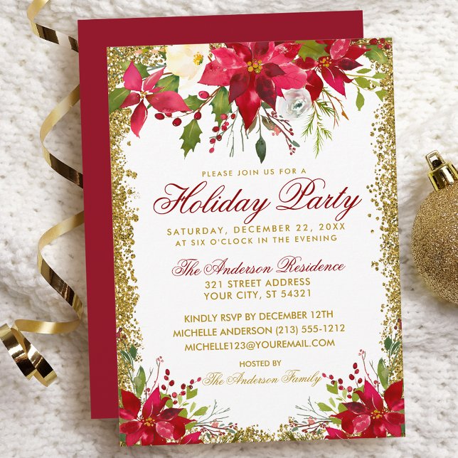 Invitación Fiesta de vacaciones Red Gold Purpurina Poinsettia (Customize to change text color, size, style or to change color of back of card.)