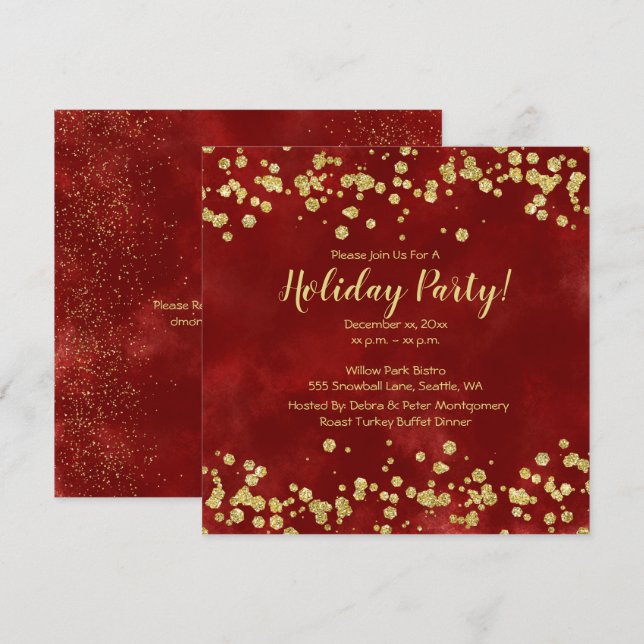 Invitación Fiesta de vacaciones, rojo, blanco, oro (Anverso / Reverso)