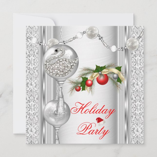 Invitación Fiesta de Vacaciones Rojo Plata Blanco Navidad 4 (Anverso)