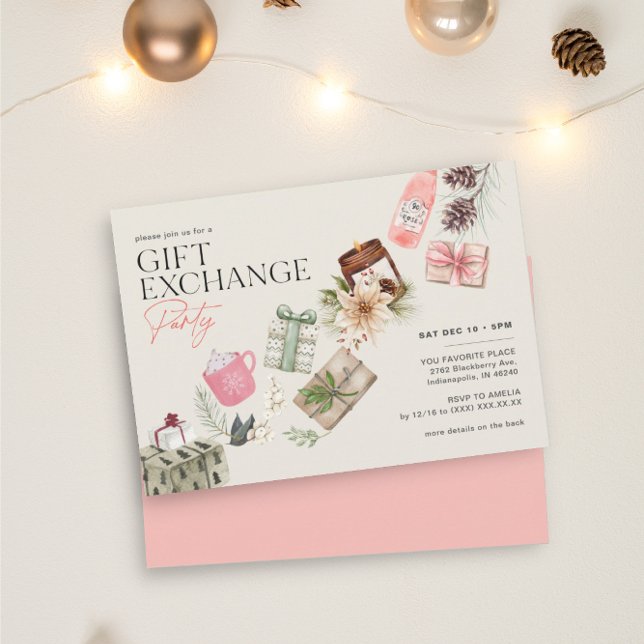 Invitación Fiesta de vacaciones rosa de intercambio de regalo (Subido por el creador)