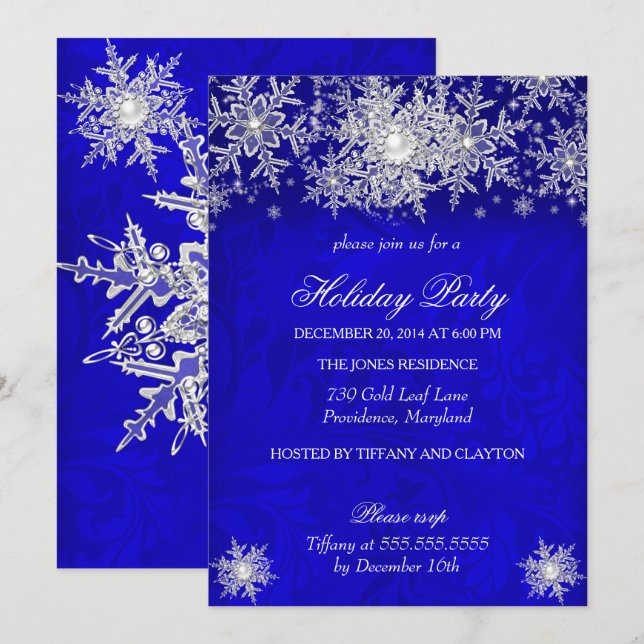 Invitación Fiesta de vacaciones Royal Blue Winter Wonderland (Anverso / Reverso)