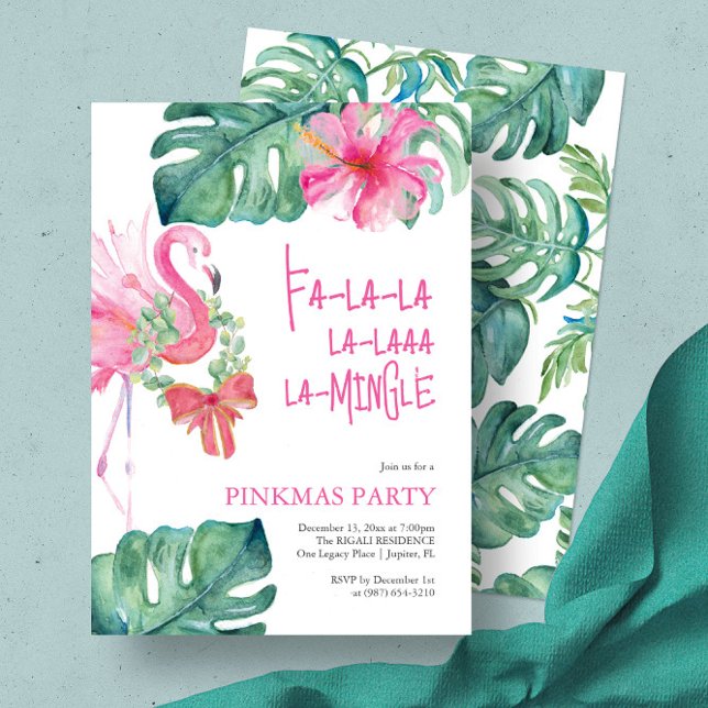 Invitación Fiesta de vacaciones tropicales acuarela Flamingo (Christmas invitation with watercolor pink flamingo and palm leaf art by Victoria Grigaliunas pinkmas)