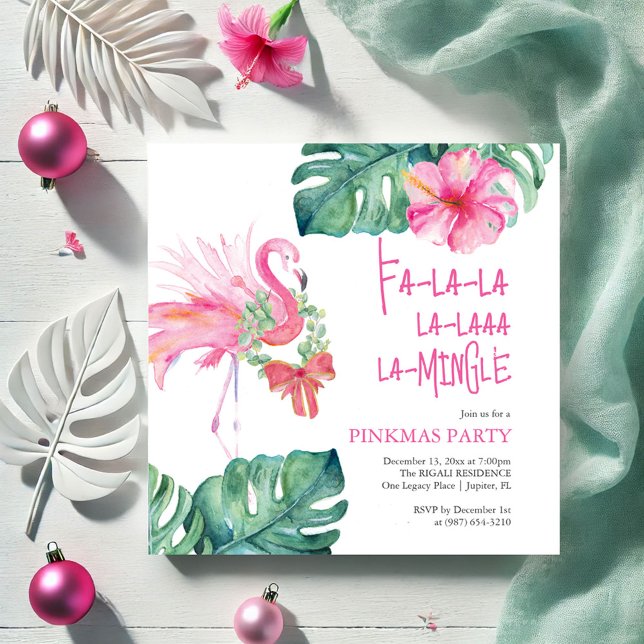 Invitación Fiesta de vacaciones tropicales acuarela Flamingo (Tropical pink flamingo Christmas invitation watercolor art by Victoria Grigaliunas Do Tell A Belle)