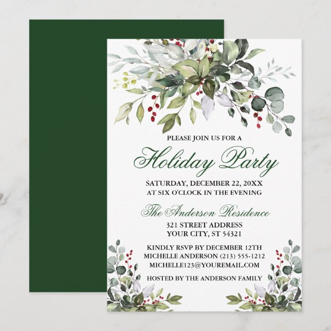 Invitación Fiesta de vacaciones Watercolor Greenery Berries (Anverso / Reverso)