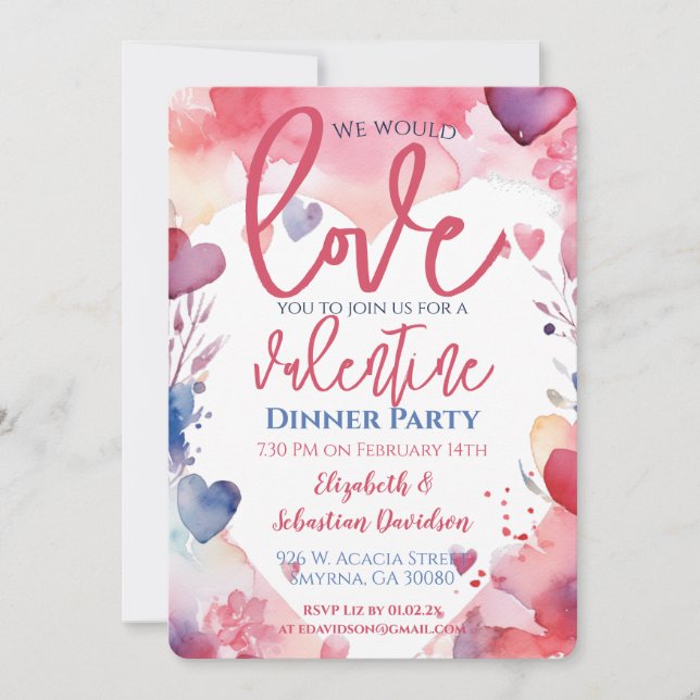 Invitación Fiesta de Valentine Watercolor Love Dinner (Anverso)