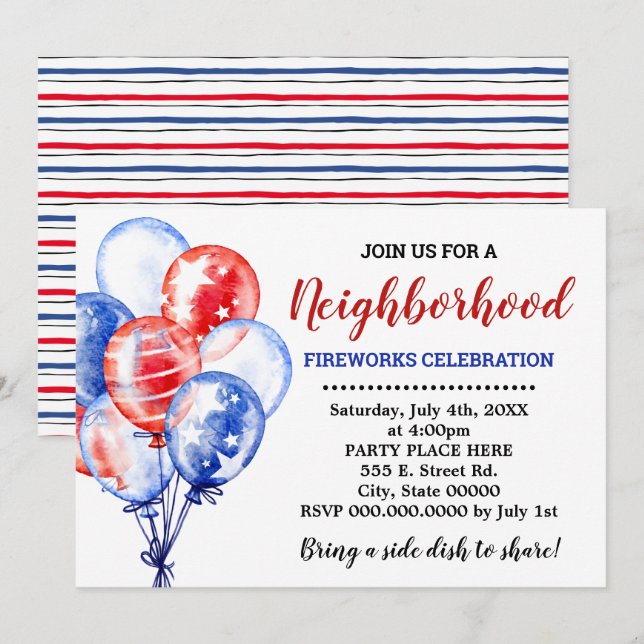 Invitación Fiesta de Vecindad de los Globos Rojos Blancos y A (Anverso / Reverso)