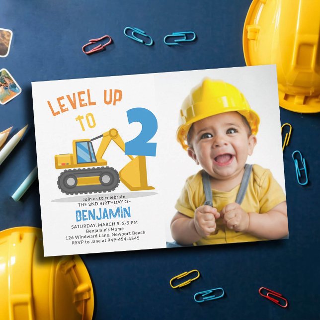 Invitación Fiesta de vehículos de construcción Foto niño Segu (photo construction birthday party boy 2nd second bulldozer vehicle truck level up cute personalized)