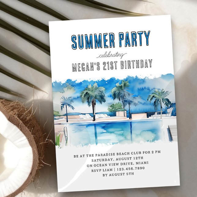 Invitación Fiesta de verano acuarela piscina tropical Cumplea (Summer Birthday Party Invitation with inviting pool scene)