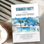 Invitación Fiesta de verano acuarela piscina tropical Cumplea<br><div class="desc">Invitación de fiesta de verano - perfecto para fiesta de piscina, fiesta de playa, etc y editable para cualquier edad, como 21 cumpleaños, 30 cumpleaños .. El moderno y elegante diseño acuático cuenta con una piscina fresca con palmeras tropicales en la terraza. Diseño neutro para fiesta de cumpleaños masculino o...</div>