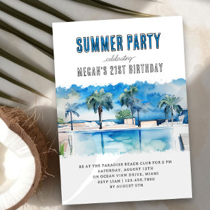 Invitación Fiesta de Verano Acuarela Tropical Cumpleaños Pisc