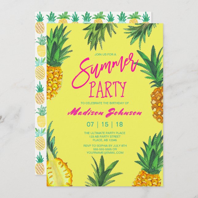 Invitación Fiesta de verano amarillo de moda | Piña (Anverso / Reverso)