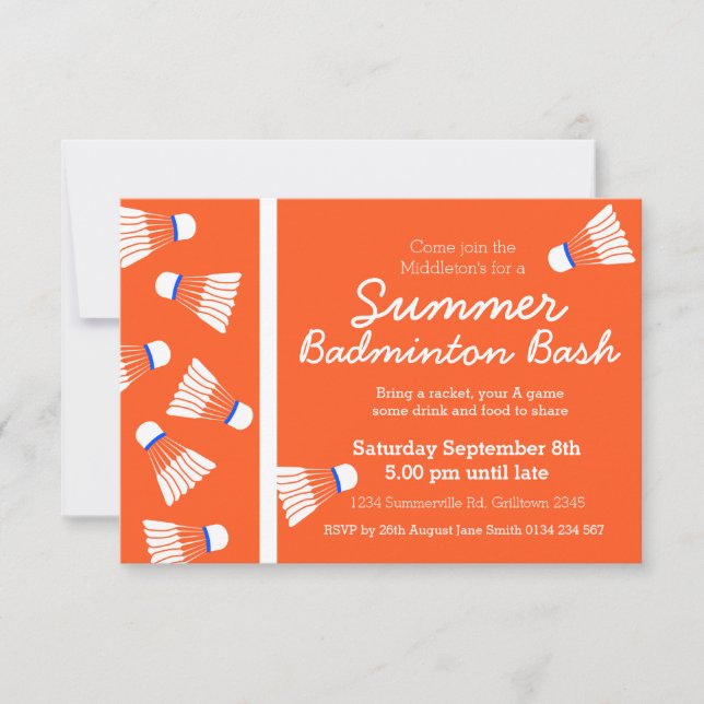 Invitación Fiesta de verano badminton bash invita al naranja  (Anverso)