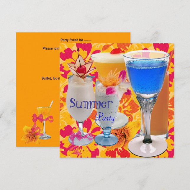Invitación Fiesta de verano cóctel tropical amarillo bebe azu (Anverso / Reverso)