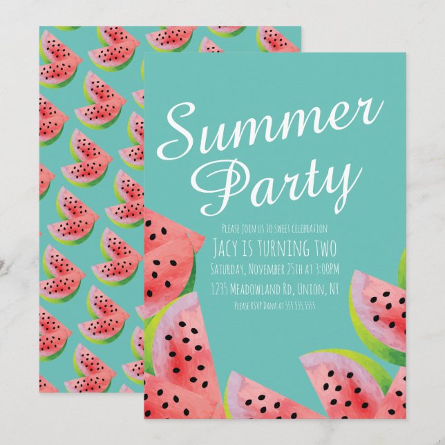Invitación Fiesta de verano con acuarela de sandía moderna (Anverso / Reverso)