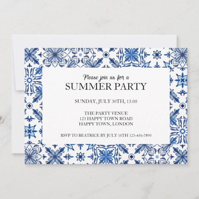 Invitación Fiesta de Verano con Marco de Baldosa Mediterráneo (Anverso)