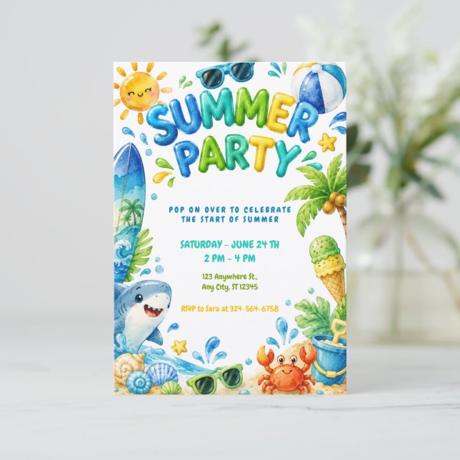 Invitación Fiesta de Verano Cumpleaños en la Playa (Anverso de pie)