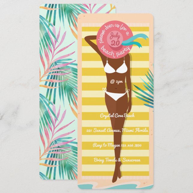 Invitación Fiesta de verano de Babe Babe en bikini afroameric (Anverso / Reverso)