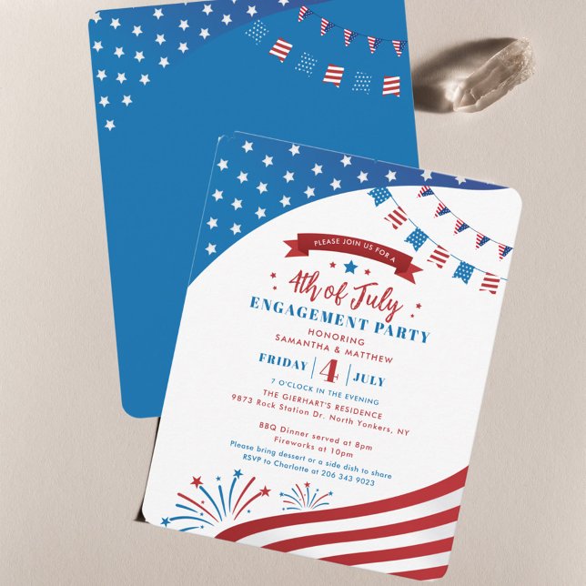 Invitación Fiesta de verano de compromiso rojo azul blanco 4  (Elegant 4th of July Engagement Party Invitation)