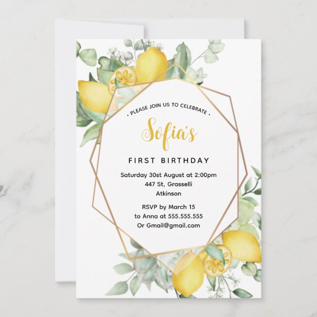 Invitación Fiesta de verano de cumpleaños 1 limón amarillo (Anverso)
