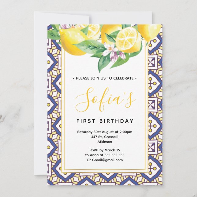 Invitación Fiesta de verano de cumpleaños 1 limón amarillo (Anverso)