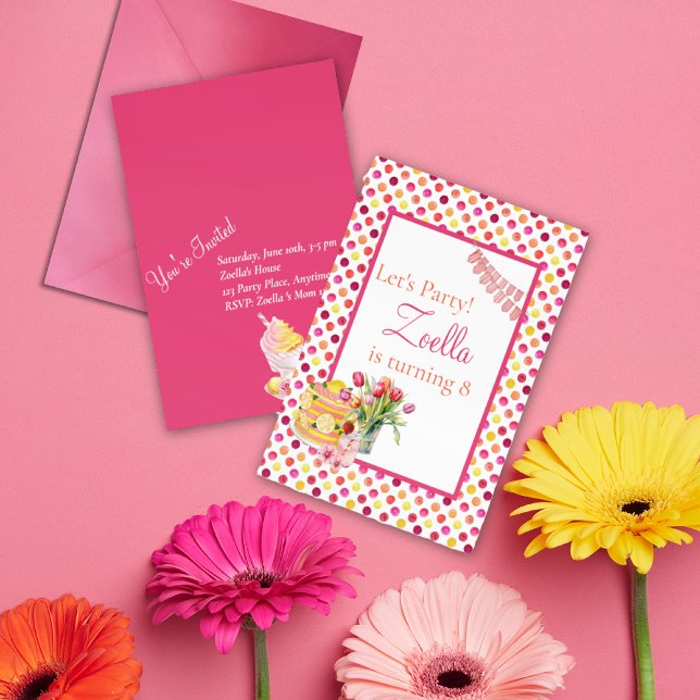Invitación Fiesta de verano de cumpleaños amarillo rosado (Yellow Pink Birthday Party Invitation)