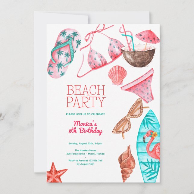 Invitación fiesta de verano de la playa acuarela (Anverso)