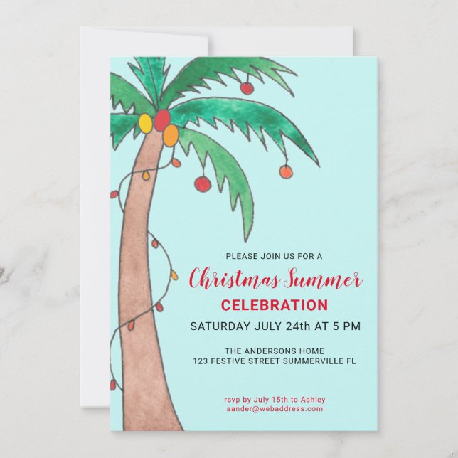 Invitación Fiesta de Verano de Navidad Celebración del Árbol  (Anverso)