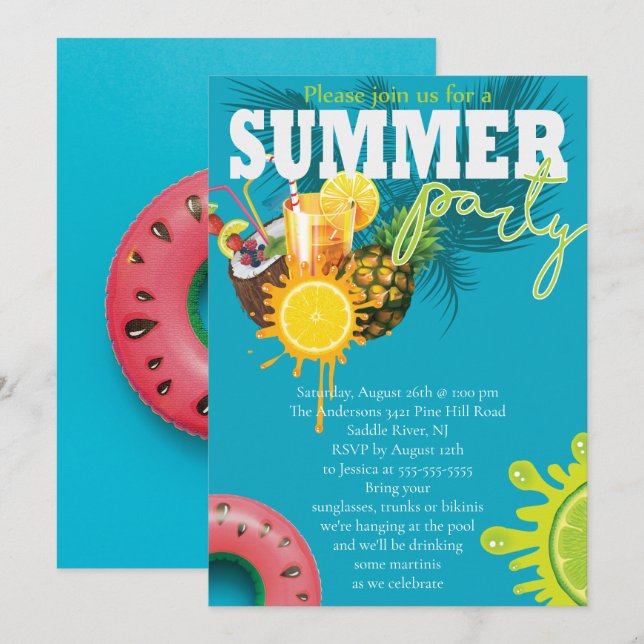 Invitación Fiesta de verano divertido (Anverso / Reverso)