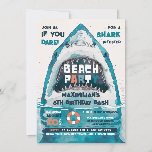 Invitación Fiesta de VERANO en la PLAYA Sharktastic (Anverso)