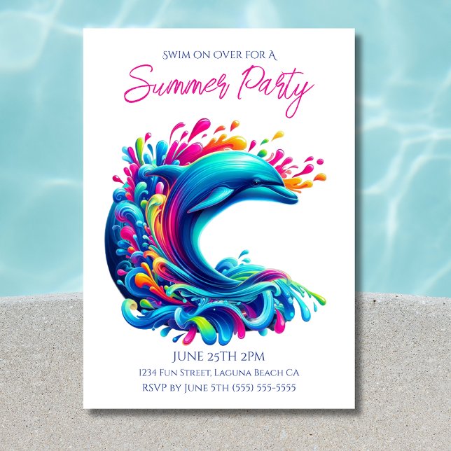 Invitación Fiesta de verano - Esplash de delfín colorido (Dolphin-Colorful Dolphin-Summer Party Invitations)