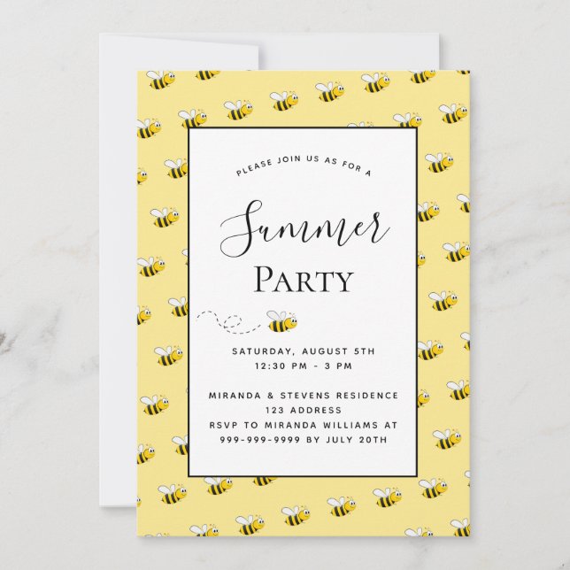 Invitación Fiesta de verano feliz burbuja abejas barbas barre (Anverso)