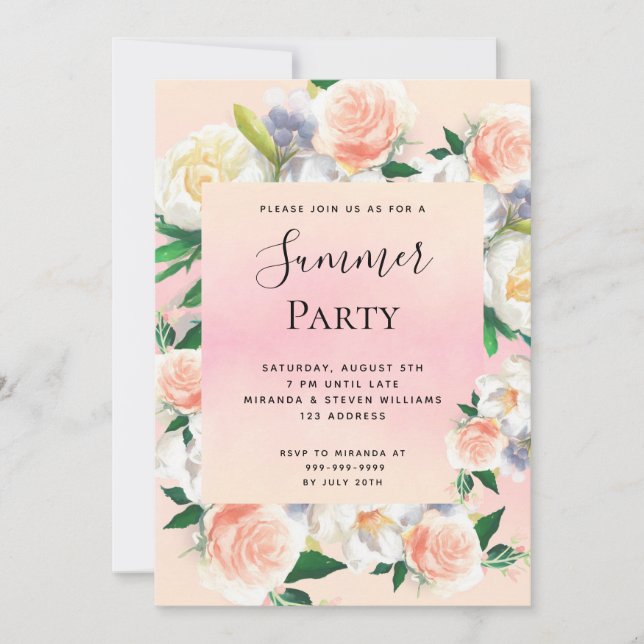 Invitación Fiesta de verano florales de coral rosa (Anverso)