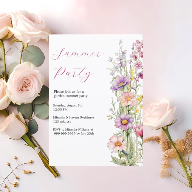 Invitación Fiesta de verano flores de jardín rosado púrpura (Subido por el creador)